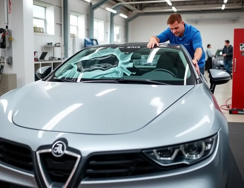 A modern Alpine A310 car with a damaged front windshield being replaced by a professional technician in a clean, well-lit auto service center, showing the new transparent windshield being installed, no people in the background, focus on the car and the replacement process