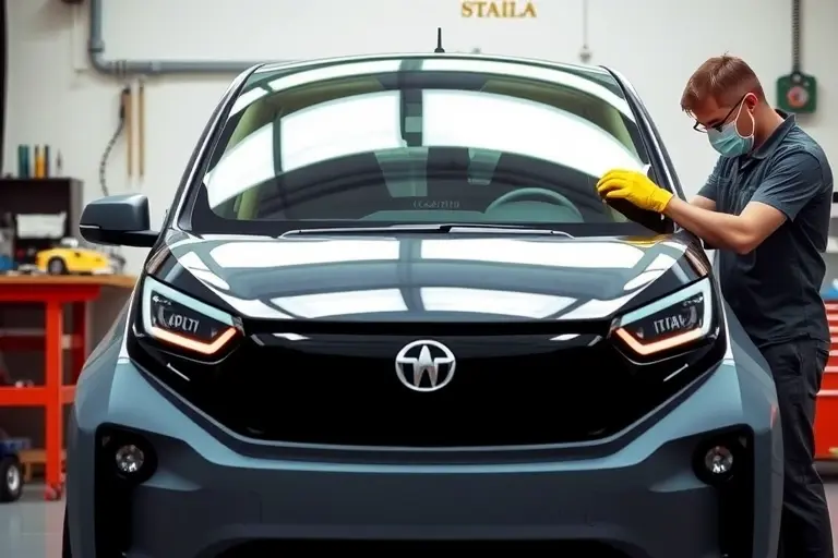 A mechanic in a garage, wearing protective gloves and a mask, carefully installing a new windshield on the front of an iCar 03 electric car. The car is shown from a slightly angled front view, with the windshield partially removed and the new one being fitted. The background shows a workshop with tools and a workbench. The scene is realistic and detailed, with no text or logos.