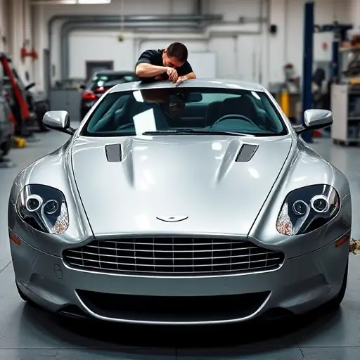 A sleek Aston Martin DB9 GT parked in a professional auto glass workshop, with a technician carefully installing a new windshield using specialized tools. The car's elegant curves and iconic grille are clearly visible, with soft studio lighting highlighting the metallic paint and the pristine new glass. The background shows a clean, organized garage environment with automotive equipment subtly blurred to keep focus on the vehicle and the installation process.