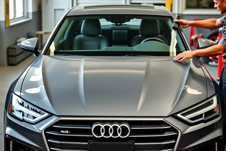 A realistic high‑resolution scene of a 2018‑2020 Audi A6 in a workshop, the front windshield removed and a new windshield being installed, showing the car’s front body, glass, and mechanic’s hands with tools, clean focus on the replacement process, no background distractions