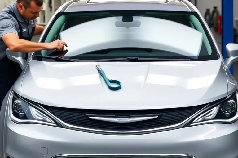 A detailed close-up of a mechanic replacing the windshield on a Chrysler Pacifica PHEV 3.6 V6, showing the car's front, the old windshield being removed, the new windshield being installed, with tools and a clean, professional setting.
