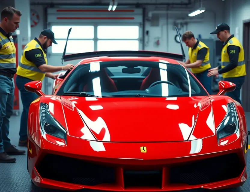 A professional auto repair scene featuring a Ferrari Roma with its windshield being replaced. The car should be in a well-lit garage with technicians wearing safety gear. The new windshield should be in place, and the technicians should be in the process of securing it. The Ferrari Roma should be the central focus, with the garage environment providing context.