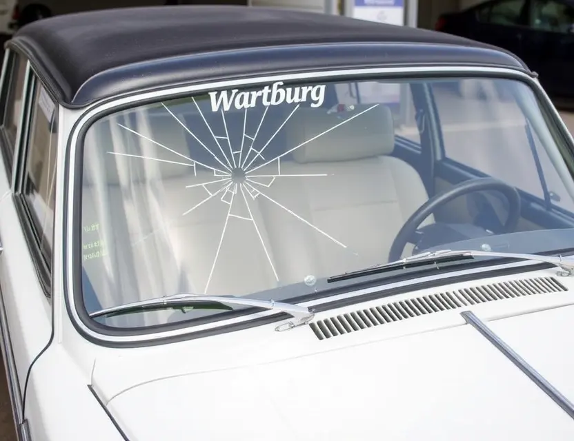 A Wartburg car with a cracked windshield undergoing windshield replacement. The car is parked outdoors, possibly at a repair shop. Focus on the replacement process, showing the technician working on the new windshield.