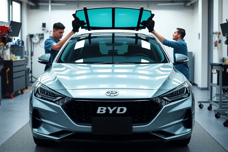 A modern BYD Seal electric sedan (2022 model) in a clean garage environment, with a professional mechanic carefully removing the old windshield and installing a new one. The focus is on the car's front view, showing the glass panel being lifted by suction tools, the car's sleek design, and the surrounding workshop tools and equipment. The scene is realistic, well-lit, and emphasizes the automotive service process without any text or logos.