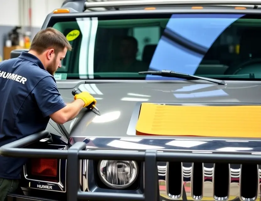 Замена лобового стекла Hummer H2 A professional mechanic replacing the windshield of a Hummer H2, showing the process with tools and safety equipment, detailed view of the car's front