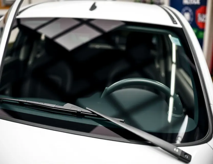 A close-up shot of a Denza N8 with a replaced windshield, showcasing the new glass and the surrounding vehicle details. The focus should be on the clarity and quality of the replacement windshield.