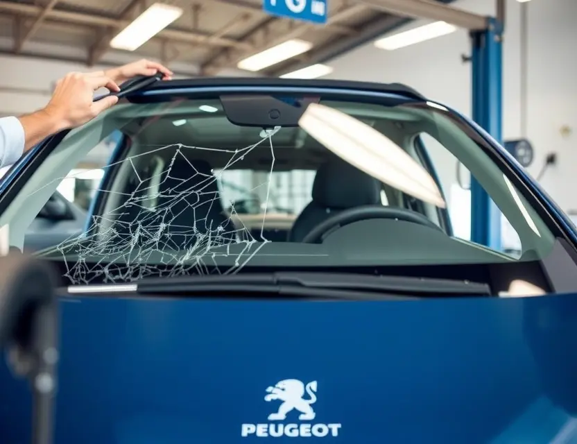 Замена лобового стекла Peugeot e-208 A close-up view of a Peugeot e-208's windshield being replaced by a technician in a modern auto repair shop, showing the old cracked glass being removed and the new windshield being carefully installed with precision tools, soft natural lighting from overhead windows, clean workshop environment with visible car details like the Peugeot logo on the hood and electric charging port, no text or signs visible