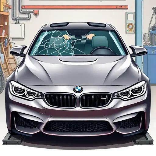 A realistic illustration of a BMW M3 G80 front windshield replacement in a workshop setting, showing the car's front profile with the old cracked windshield removed and the new clear glass installed, with tools and a mechanic's hands visible, all depicted in a detailed, high-quality style