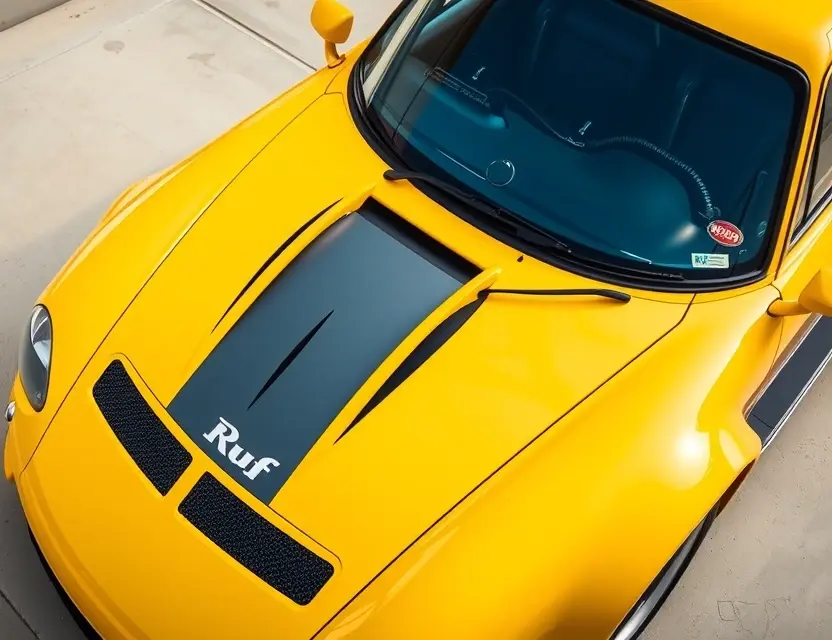 A high-quality image showcasing the replacement of a windshield on a Ruf CTR Yellowbird. The car should be parked on a clean, well-lit surface. Focus on the process of the windshield replacement, highlighting the tools and the technician's hands working on the glass. The car's exterior should be clearly visible, emphasizing its sporty design.