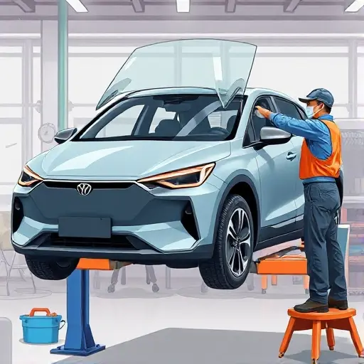 A realistic illustration of a mechanic replacing the windshield of a BAIC EU5 electric car. The scene shows the car on a lift, the old windshield removed, a new clear glass panel being fitted, with tools and safety gear visible. The background is a workshop with proper lighting.
