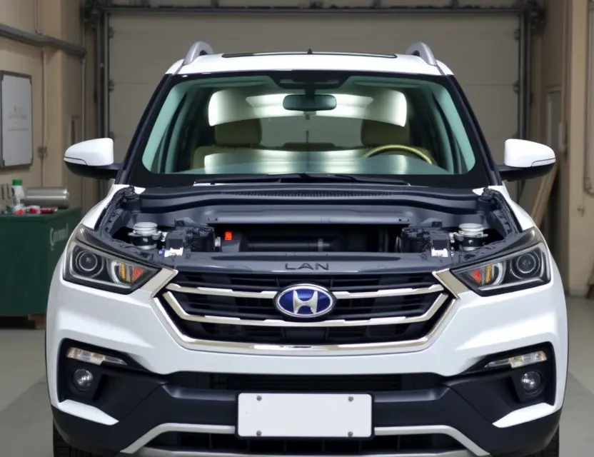 Замена лобового стекла Changan CS55 Plus A high-quality, realistic photo of a Changan CS55 Plus SUV parked in a professional auto glass workshop, with the front windshield removed and the frame exposed, showing the bonding area and surrounding bodywork clearly, clean lighting, no people, no text, no logos