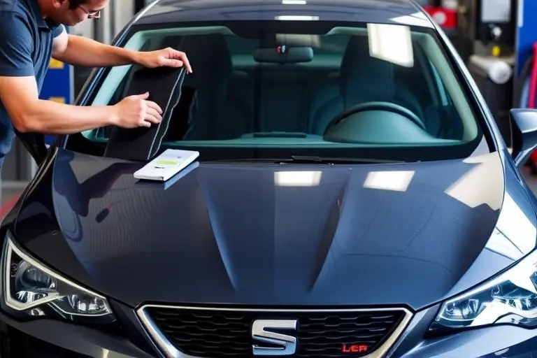 A detailed close-up of a mechanic replacing the front windshield of a 2017 SEAT Ibiza 1.0 TSI 115 hp, showing the car's front side in a garage, the old glass removed, the new glass being fitted, with tools and a protective film visible, realistic lighting.