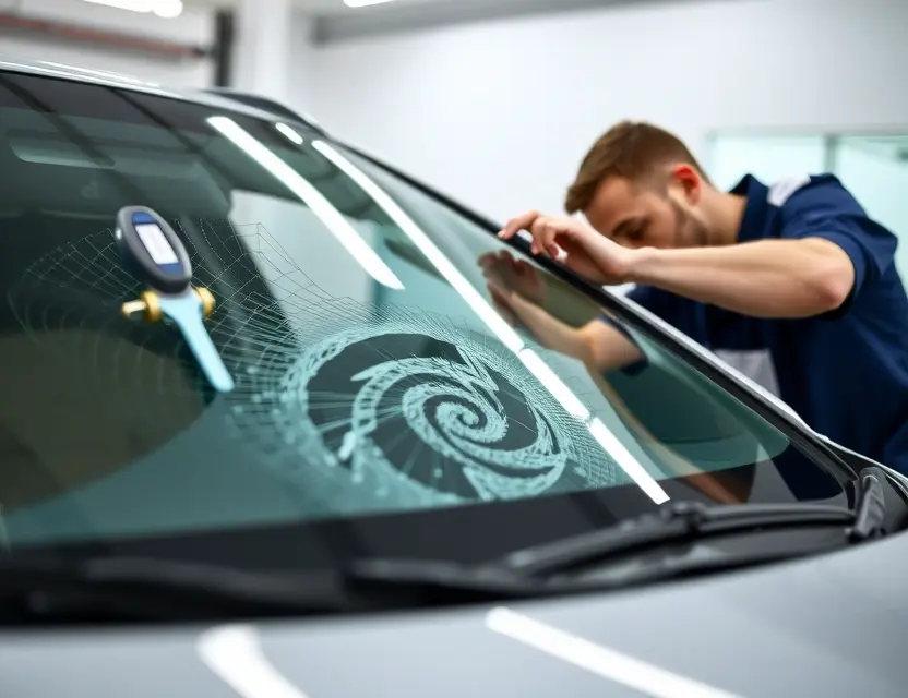 A close-up shot of a mechanic working on the windshield of a silver Trumpchi GS4. The focus is on the replacement process, showing tools and the damaged windshield. The background is a clean, well-lit garage.