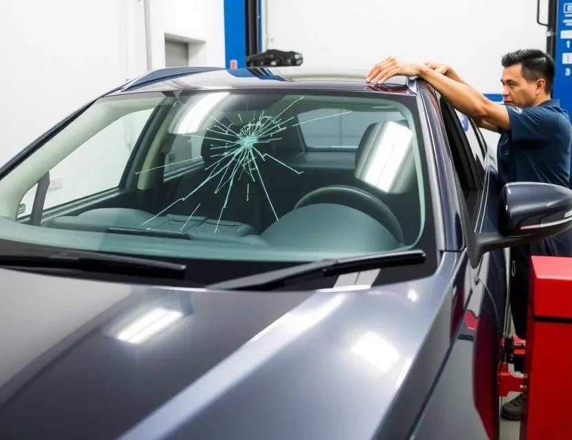 A Proton X70 with a cracked windshield being replaced by a mechanic. The car is parked on a service lift in a garage. The replacement windshield is being installed. Focus on the replacement process and the car's exterior.