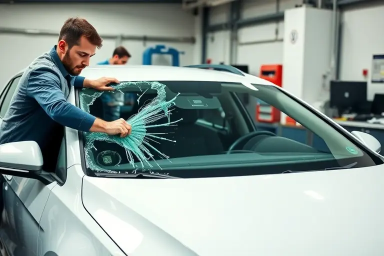 A professional mechanic in a clean workshop carefully removing the damaged windshield of a 2019 Volkswagen Golf 8 1.5 TSI (130 hp) and installing a new clear windshield, with visible car body, tools like suction cups and a windshield removal tool, realistic lighting and focus on the car and glass, no background text or logos