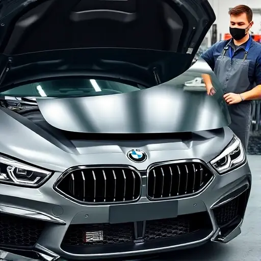 A detailed close-up of a BMW M8 G15 (2019) with its hood open, a mechanic in a work apron holding a new windshield, the old windshield partially removed, showing the car's front fascia and the replacement process. The scene is set in a clean automotive workshop with a workbench, tools, and a safety mask. The focus is on the car's front, the windshield, and the mechanic's hands. No text or logos visible.