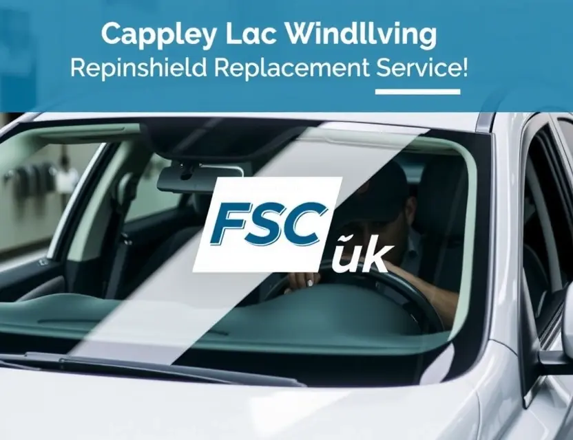 A high-quality image depicting a car windshield replacement service offered by FSC Żuk. The image should showcase a technician working on a car windshield, with the FSC Żuk logo prominently displayed. The car should be a modern vehicle, and the scene should be clean and professional.