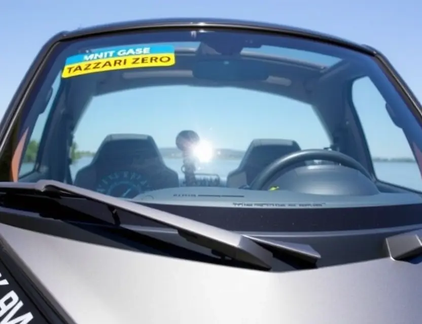 A Tazzari Zero with a replaced windshield, showcasing the new glass. The car should be parked outdoors on a sunny day, with a clear blue sky in the background. Focus on the clarity and quality of the replacement windshield.