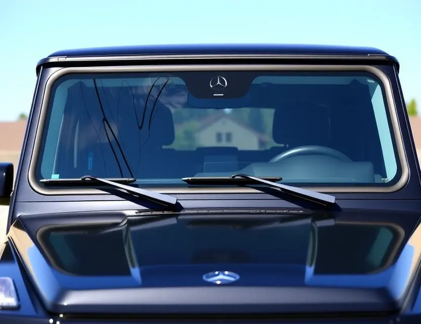 A Mercedes-Benz G-Class with a replaced windshield, showcasing the new glass. The car is parked outdoors on a sunny day, with a clear blue sky in the background. Focus on the clarity and quality of the replacement windshield.