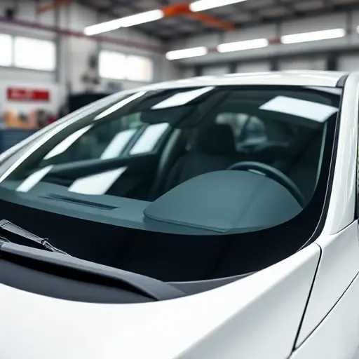 A clean, high-quality close-up of the front windshield area of a white Aion S sedan, showing the glass and the surrounding black rubber seal and frame, with a professional automotive workshop background, soft lighting, no people, no tools, no text, no logos