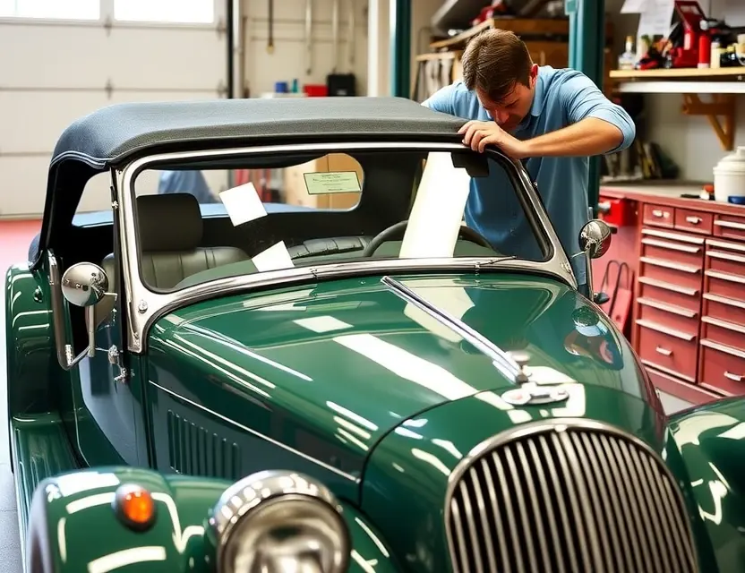 Замена лобового стекла Morgan Plus Four A detailed image of a Morgan Plus Four undergoing windshield replacement. The focus is on the process, showing a mechanic carefully removing the old windshield and installing a new one. The car is parked in a garage with tools and equipment visible in the background. The lighting is bright and realistic.