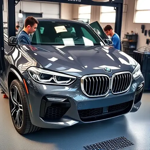 A high-quality close-up shot of a BMW Alpina XD3 SUV in a professional auto repair shop, focusing on the front windshield area where a technician is carefully installing a new glass panel. The car is clean and modern, with the distinctive Alpina blue and gold accents visible on the grille and wheels. Soft workshop lighting highlights the sleek curves of the vehicle and the clarity of the new glass, emphasizing precision and automotive craftsmanship.