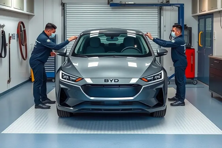 A realistic scene of a BYD Dolphin (2021 model) in a garage, with a professional mechanic carefully removing the old windshield and installing a new one. The car is centered, showing the front and side profile, with tools and a clean workshop background. Emphasize the glass replacement process, the car's sleek design, and the precise work of the mechanic, without any text or logos.