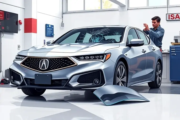 A realistic, high-detail illustration of a 2021 Acura TLX 3.0 V6 Turbo parked in a clean auto repair garage, with the front windshield being removed by a professional mechanic using suction cups and tools. The broken glass lies on the floor, and a new windshield is positioned nearby, ready for installation. Bright, even lighting highlights the car and the work area.