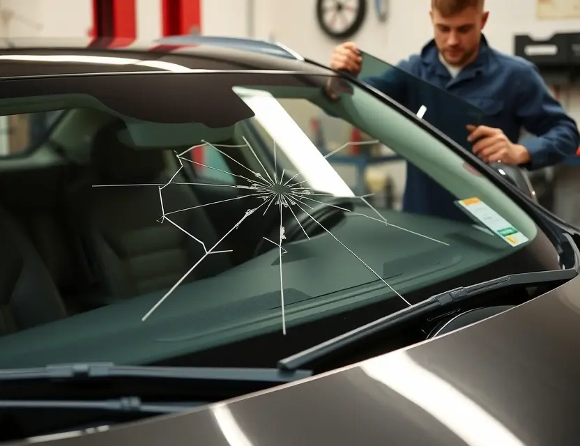 A close-up shot of a Kia Sorento with a cracked windshield, showing the damage clearly. A mechanic is working on the windshield, holding a replacement glass. The background is a garage setting with tools and equipment.