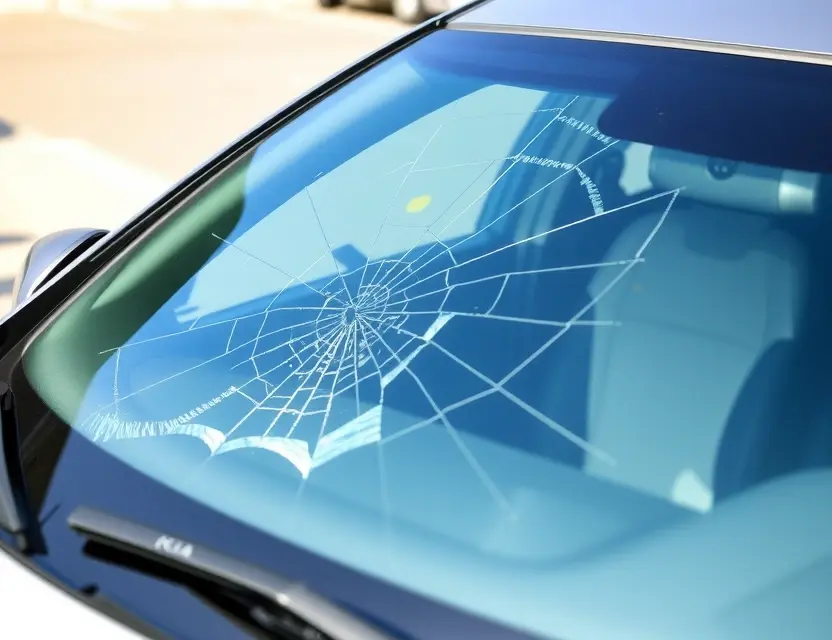 A close-up shot of a Kia Sportage with a cracked windshield, showing the area where the windshield needs replacement. The car is parked outdoors on a sunny day. Focus on the damaged windshield and the surrounding car details.
