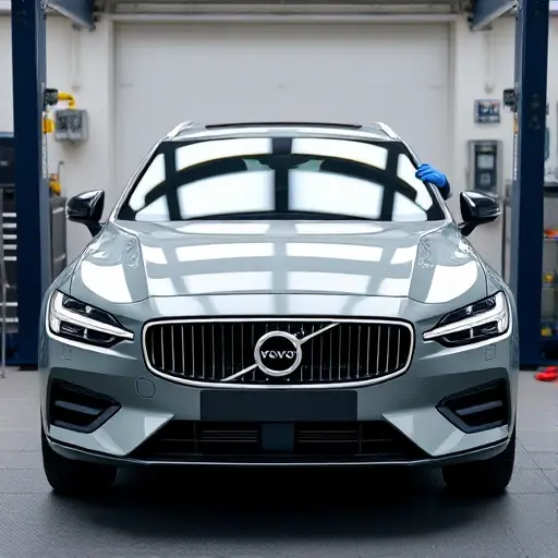 A realistic scene of a Volvo V60 B4 MHEV (model years 2018 to present) in a workshop, with the front windshield being carefully removed and a new windshield positioned for installation. The car is shown from a slight side angle to display the open front area, with professional automotive tools such as suction cups, a windshield removal tool, and protective gloves visible. The lighting is bright and clean, emphasizing the sleek design of the Volvo and the precision of the replacement process.