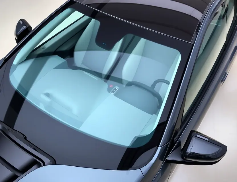 A high-quality image depicting a BMW i7 with a replaced windshield. The windshield is clear and new, seamlessly integrated with the vehicle's design. The car is parked on a clean, well-lit surface, possibly a showroom or service bay. Focus on the detail of the replacement and the overall aesthetic of the vehicle.