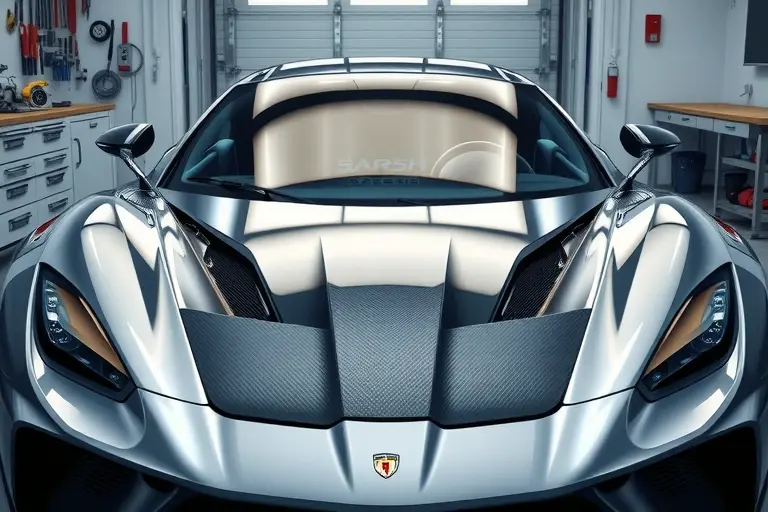 A high‑detail illustration of an Arash AF8 sports car (7.0 L V8, 550 hp, model years 2014‑present) in a modern garage, focusing on the front end where a technician is carefully removing the old windshield and fitting a new one. The scene shows the sleek carbon‑fiber body, the distinctive headlights, and the windshield glass being held by suction cups, with tools and a clean workbench in the background. Emphasize realistic lighting, reflections on the glass, and the metallic paint finish, without any text or branding.