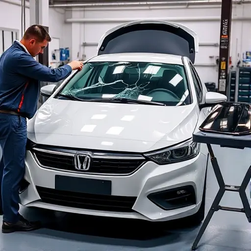 A Brilliance V3 (2018-2021 model) parked in a clean auto workshop, with the front windshield being removed by a professional mechanic using proper tools. The scene shows the car's hood open, the broken windshield partially lifted, and a replacement glass ready on a nearby workbench. Emphasize realistic lighting, detailed car body, and a focused, technical atmosphere.