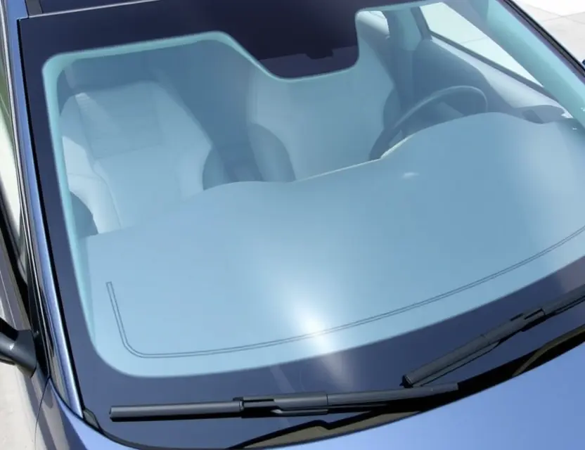 A close-up shot of a Genesis Electrified vehicle with a replaced windshield. The windshield is clear and new, seamlessly integrated with the existing frame. The car is parked on a clean, bright surface. Focus on the detail of the replacement and the car's sleek design.