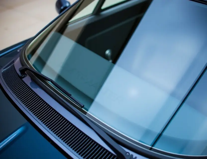 A close-up shot of a Lancia Stratos HF with a replaced windshield, showcasing the new glass and the surrounding car details. The car should be parked on a clean, slightly reflective surface. Focus on the clarity and quality of the replacement windshield.