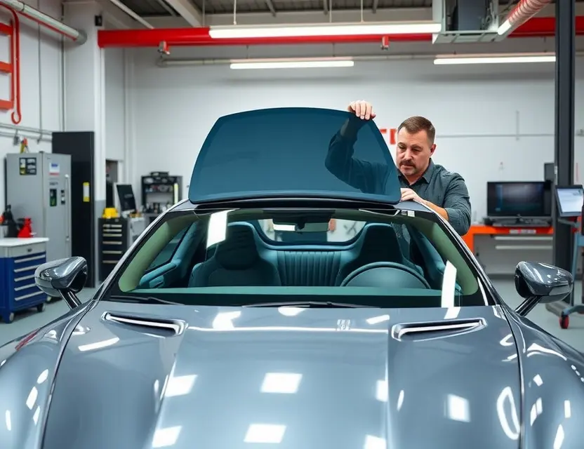 A high-quality, realistic image showing the process of replacing a windshield on a Karma GS 6 car in a professional auto repair shop. The scene features a mechanic carefully removing the old windshield or installing a new one, with the car's sleek exterior visible. The setting includes automotive tools, safety equipment, and a clean workshop environment. The lighting is bright and even, highlighting the details of the car and the work being performed.