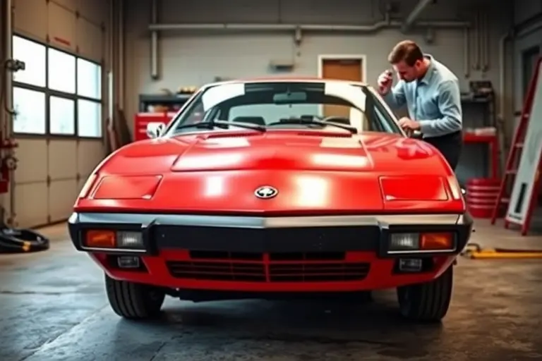 A classic Alpine A310 (1971-1976) parked in a workshop with its front windshield being removed and a new windshield being installed. Show a skilled mechanic using appropriate tools, focusing on the car's front end, the old glass partially lifted, the new glass positioned, and the distinctive shape of the A310's body. The scene should be realistic, detailed, and emphasize the replacement process without any text or logos.