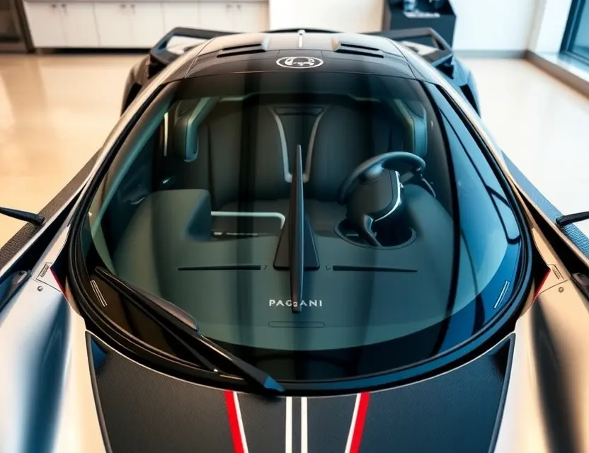 A high-quality image depicting a Pagani car with a replaced windshield. The car should be in a showroom setting, clean and well-lit. Focus on the new windshield seamlessly integrated with the car's design.