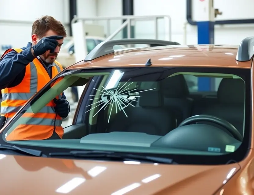 A Dacia Duster with a cracked windshield being replaced by a mechanic. The mechanic is wearing a safety vest and gloves. The replacement windshield is being installed. The background shows a garage or workshop setting.