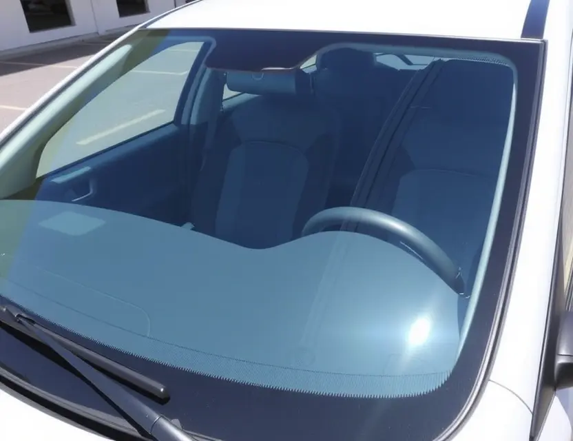 A Ravon Nexia R3 with a replaced windshield, showcasing the new glass. The car is parked outdoors on a sunny day. Focus on the clarity and quality of the replacement windshield.