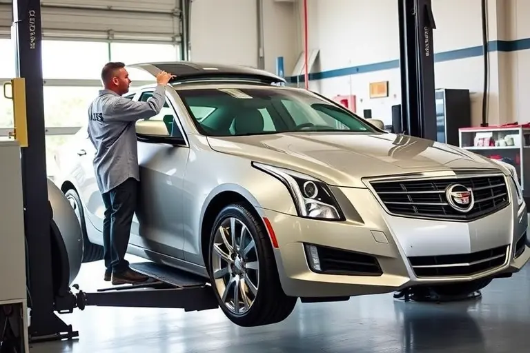 A realistic scene of a professional auto repair garage where a technician in a clean uniform is carefully removing and installing a windshield on a silver Cadillac CTS with a V8 Supercharged engine, showing the car positioned on a lift, tools like suction cups and a windshield removal tool visible, bright natural lighting highlighting the sleek car body and the glass, with a focused, clean environment and no other vehicle models present