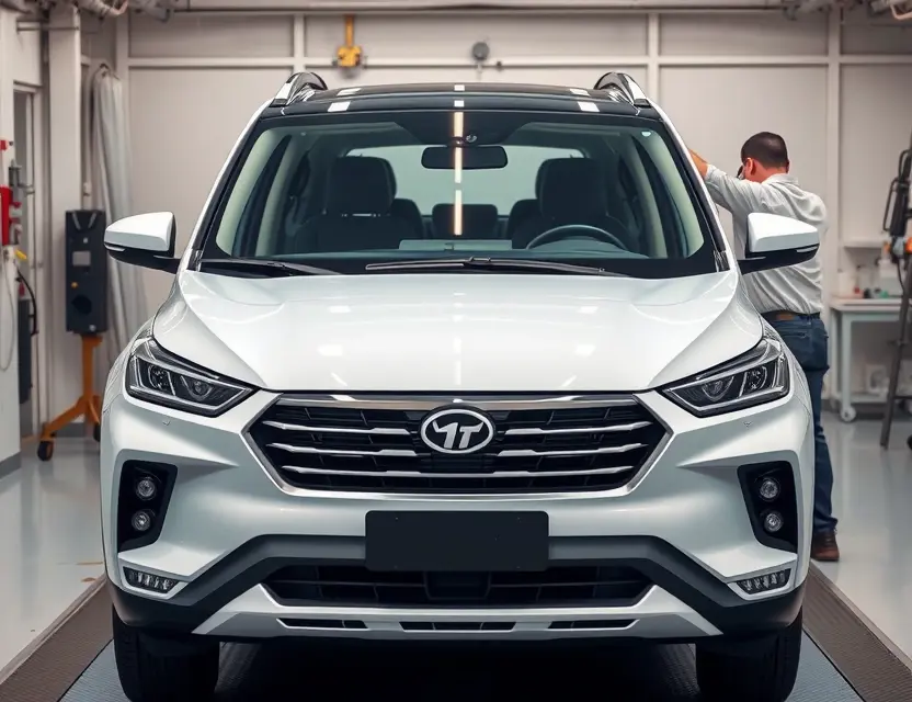 A high-quality, realistic photo of a BYD Yuan Plus SUV in a professional auto repair shop, showing the front windshield area during a replacement process. The car is clean and modern, with the old windshield removed and a new one being carefully installed by a technician using specialized tools. The background features a tidy workshop environment with soft, even lighting, emphasizing the vehicle's sleek design and the precision of the service. No text, logos, or watermarks are visible on the car
