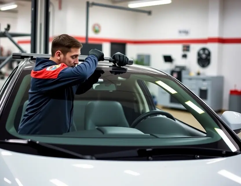 A clean, modern car service center showing a technician carefully replacing the windshield of an Alfa Romeo Giulietta, with professional tools and equipment visible, soft lighting, high detail, no people in the background, no text or logos