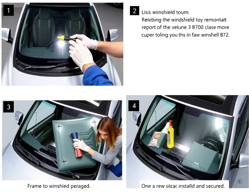 Замена лобового стекла FAW Bestune B70 A detailed step-by-step process of replacing the windshield of a FAW Bestune B70 car. The image should show the car with the old windshield being removed, the frame being cleaned and prepared, and the new windshield being installed and secured. The scene should include necessary tools and safety equipment such as a windshield removal tool, adhesive, gloves, and safety glasses.