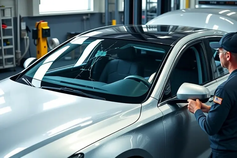 A professional automotive workshop scene showing a mechanic carefully removing the cracked windshield of a sleek, silver Aaglander Elegance 4.0 V8 gasoline sedan (model years 2008 to 2020) and installing a brand-new, crystal-clear windshield. The car is positioned on a lift, with tools and safety equipment visible, but no people or text in the image. The focus is on the car, the windshield, and the precise replacement process, captured in high detail and realistic lighting.