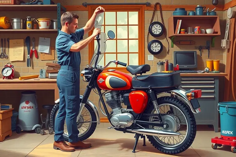 A detailed illustration of a classic 1960s Anadón 500 motorcycle (0.5 L, R2, 20 hp) parked in a vintage workshop. A mechanic in period-appropriate attire is carefully removing the old windshield and holding a new, matching windshield ready for installation. The scene includes authentic tools, a wooden workbench, and a backdrop of retro garage elements, all rendered with high realism and vivid colors.
