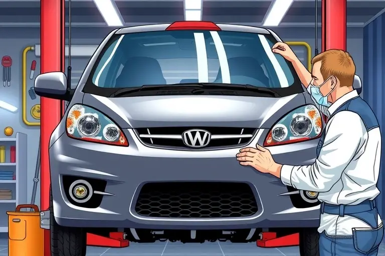A detailed illustration of a mechanic replacing the windshield of a Mastretta MXT 2.0 Turbo 250 hp (2011-20) car. The scene shows the car on a lift, the old windshield removed, a new windshield being fitted, with tools and a safety mask. The focus is on the car's front, the windshield area, and the mechanic's hands. The background is a workshop setting with subtle lighting.