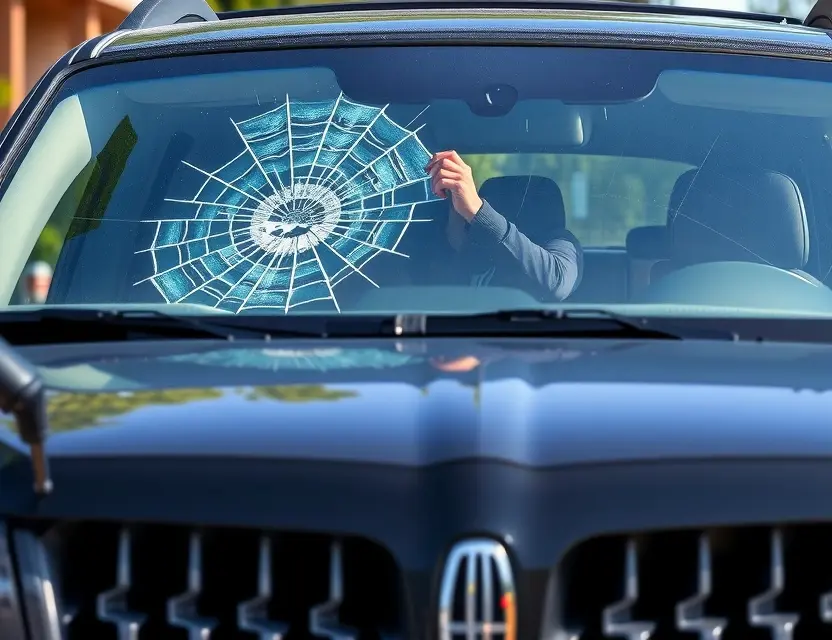 A Lincoln Aviator with a cracked windshield being replaced by a technician. The car is parked outdoors on a sunny day. Focus on the replacement process, showing the technician working on the windshield.