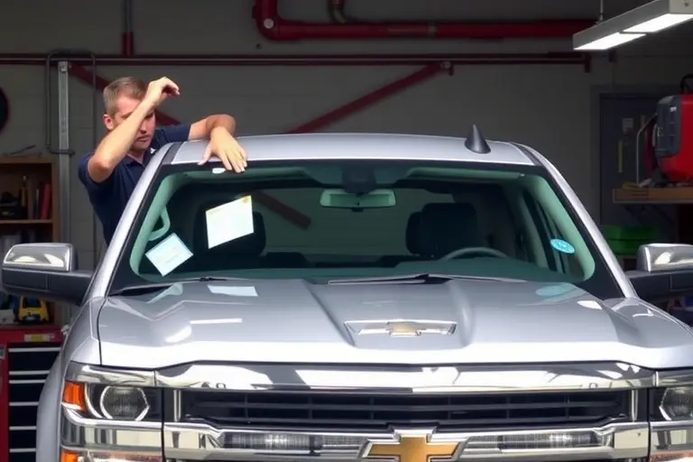 A mechanic in a garage replacing the windshield of a Chevrolet Silverado 1500 3.0 Duramax Diesel, showing the old windshield removed, the new windshield being installed, with tools and a workbench, no text or logos
